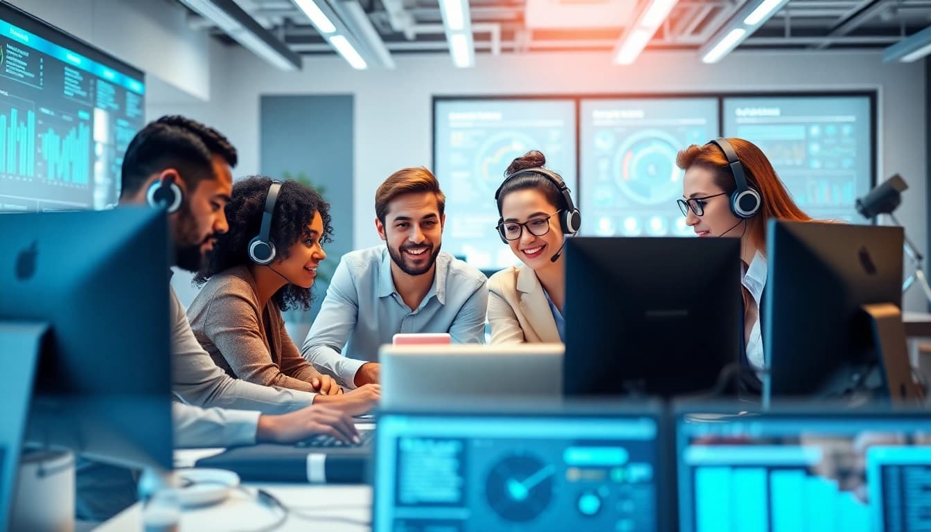 Enhance customer support efficiency with IT Helpdesk Solutions illustrated in an engaging office environment.