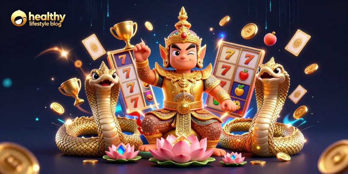 Engage with the healthy lifestyle blog showcasing vibrant 3D casino guardians amidst dynamic slot elements.
