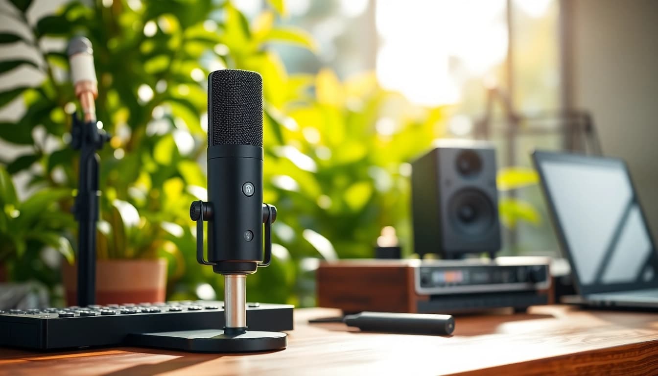 MV88 microphone showcased on a stylish desk with a vibrant background and natural light.