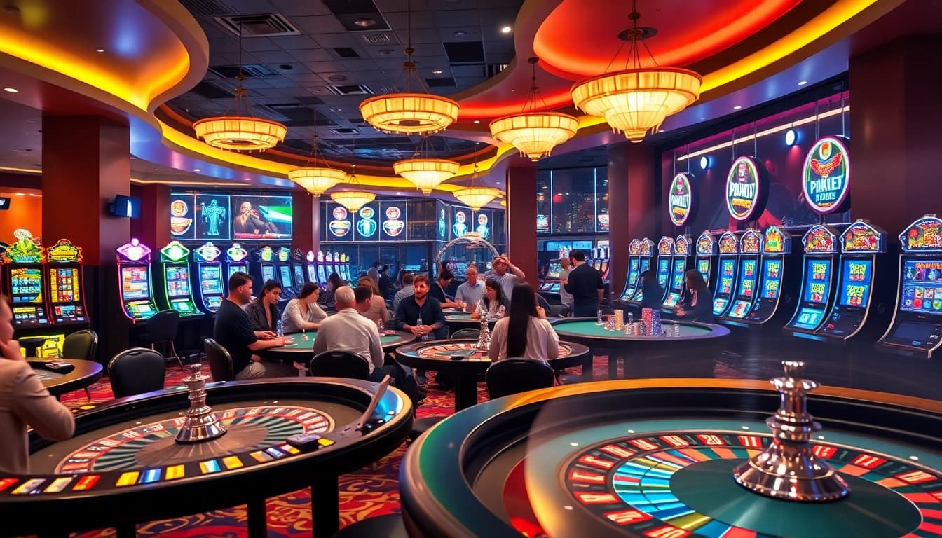 Exciting gambling scene at a casino featuring KJC AC 2 elements like poker tables and slot machines.