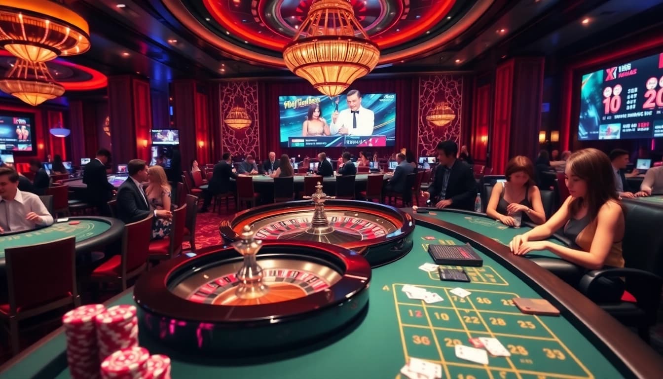 Players engaging with the exciting xin88 casino atmosphere, featuring a vibrant roulette wheel and poker chips.