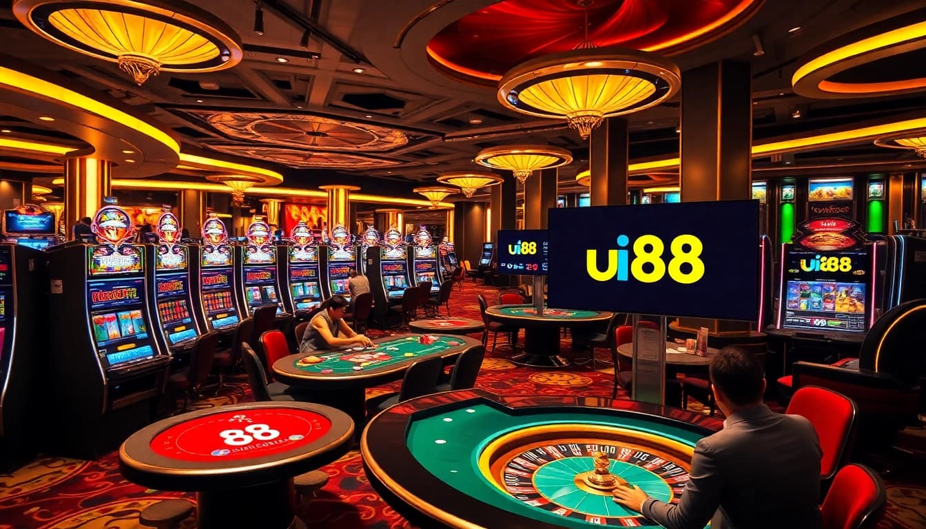 Excited gamblers playing various games at uu88 casino with vibrant slot machines and poker tables.