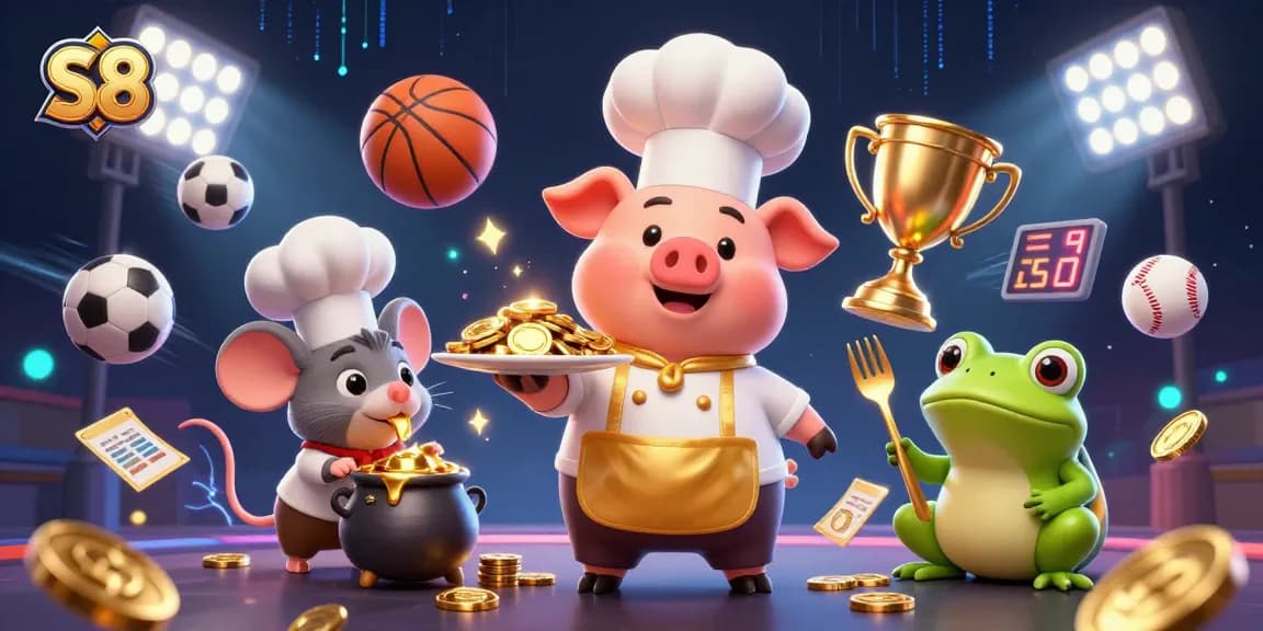 S8's dynamic casino scene showcases a pig chef serving gold coins in an interactive gambling environment.