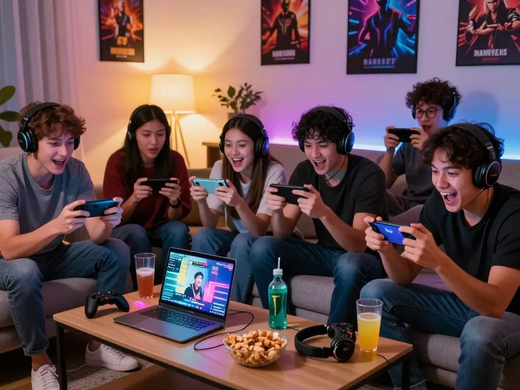 Players enjoying mantra88 online gaming together in a vibrant living room.