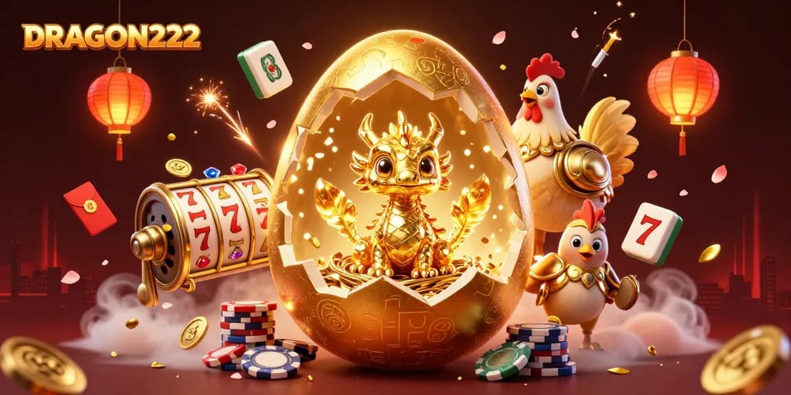 Experience DRAGON222 as a golden dragon emerges from a nest of poker chips in this dazzling casino scene.