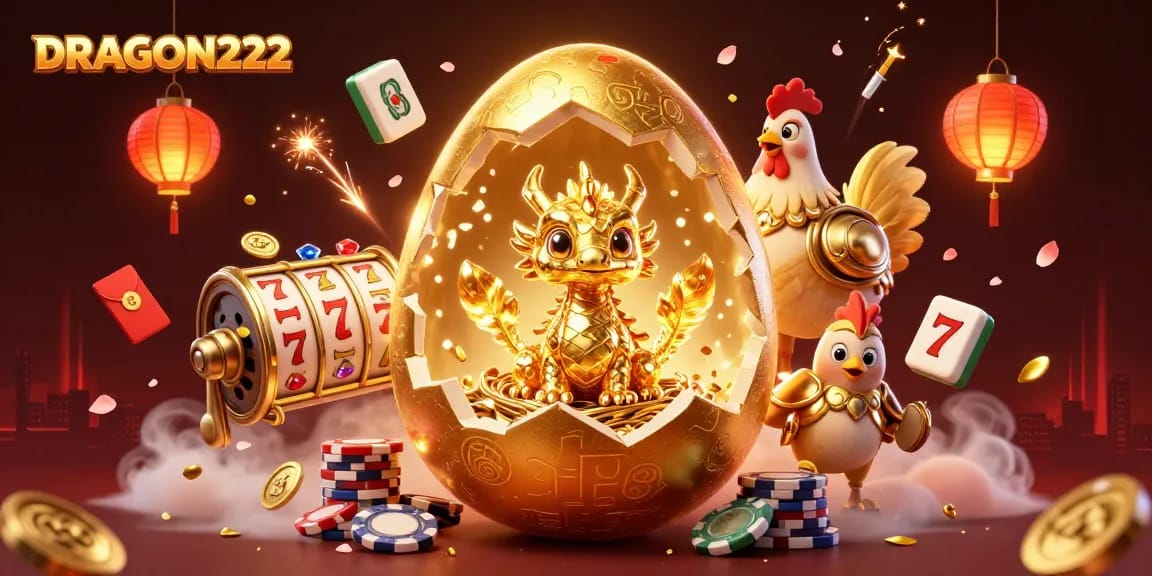 Experience DRAGON222 as a golden dragon emerges from a nest of poker chips in this dazzling casino scene.