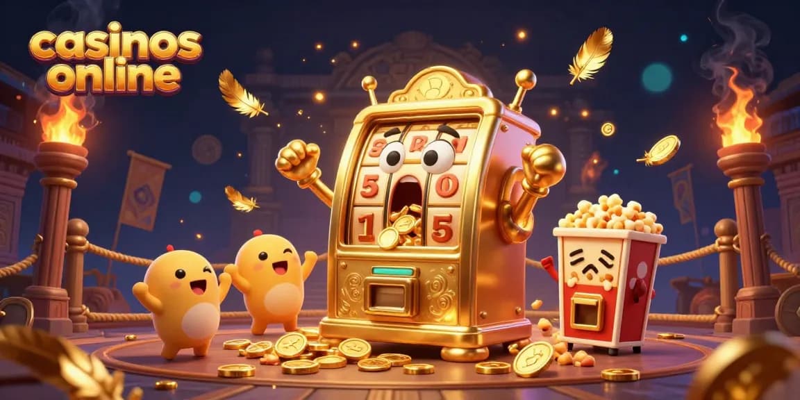 Ganando en casinos online, una máquina tragamonedas dorada disfruta de su jackpot mientras más máquinas la animan.