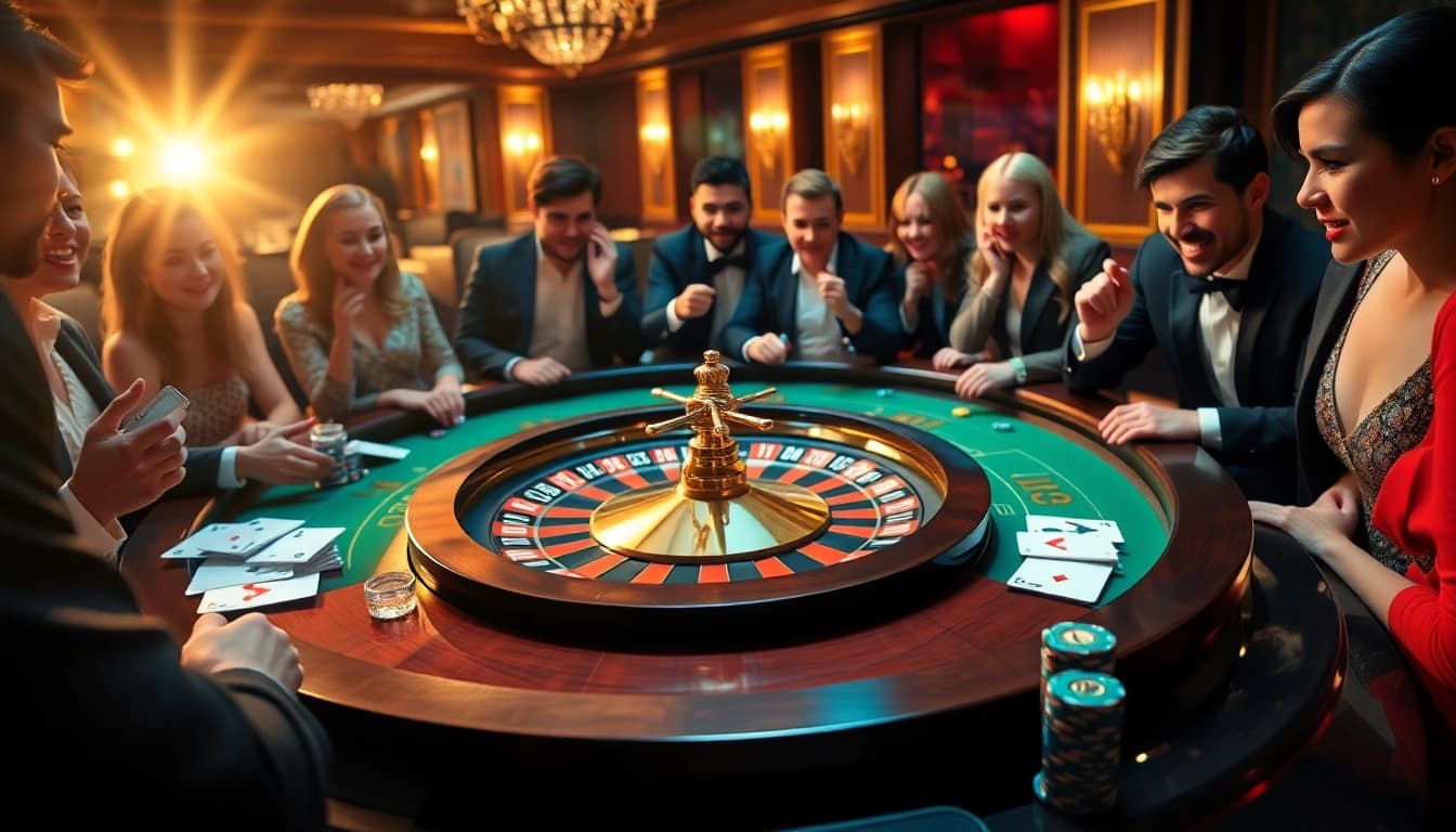 A lively KJC casino scene featuring players at a roulette table, excitement and tension in the air.