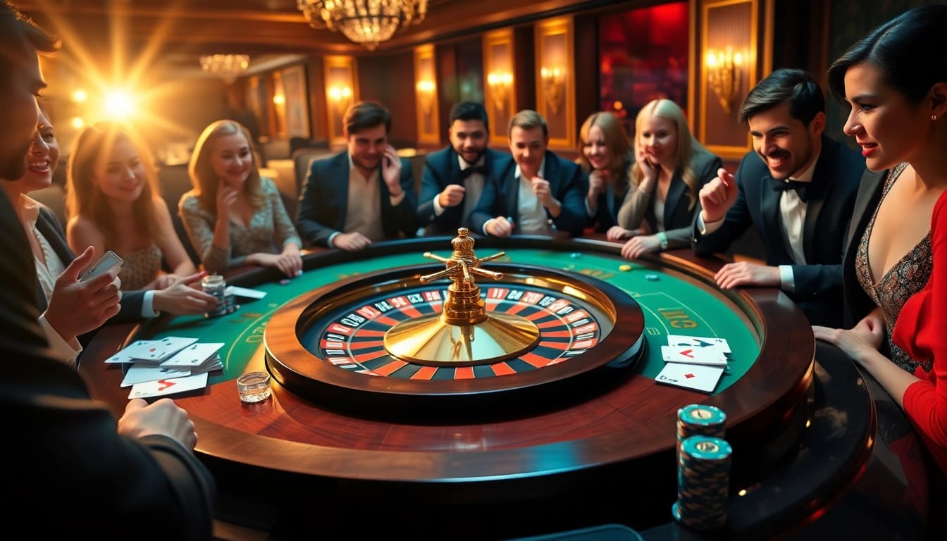 A lively KJC casino scene featuring players at a roulette table, excitement and tension in the air.