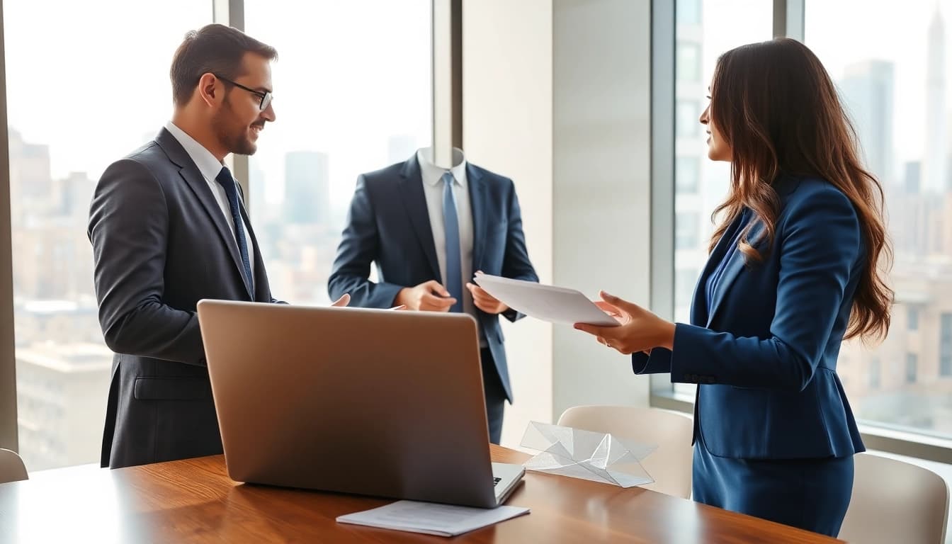 Biz Trader professionals negotiating a business sale in a modern office setting