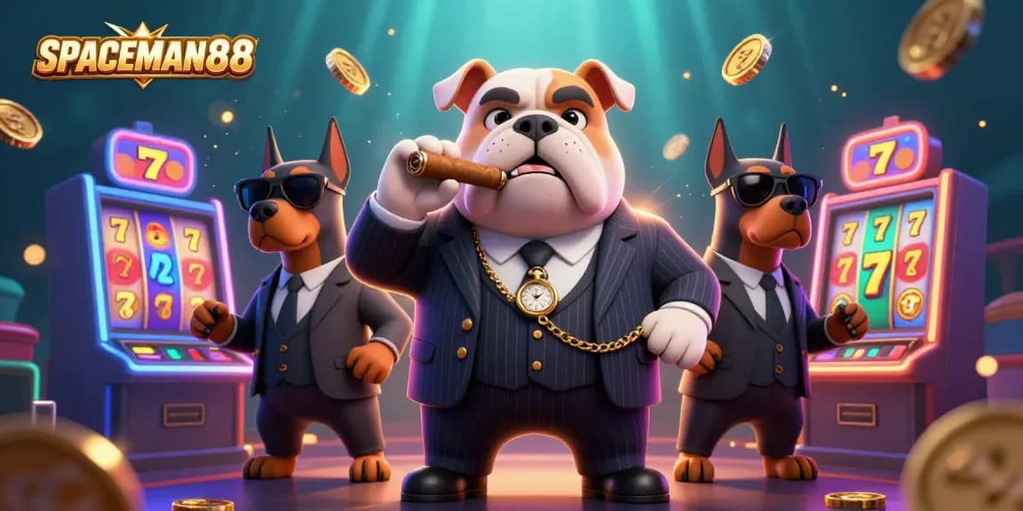 Engaging SPACEMAN88 scene with a mafia bulldog boss and Doberman guards around vibrant slot machines filled with glowing coins.