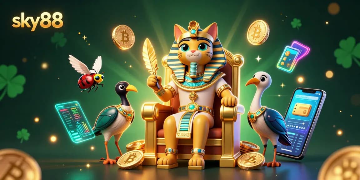 Experience the thrilling atmosphere of sky88 with a vibrant 3D casino scene featuring an Egyptian pharaoh cat and gold treasures.