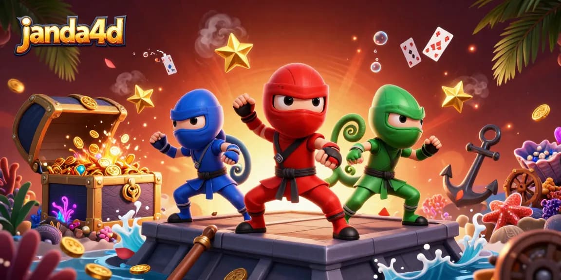 Janda4d menampilkan tim ninja chameleon beraksi di platform game online dengan harta karun dan kartu bermain.