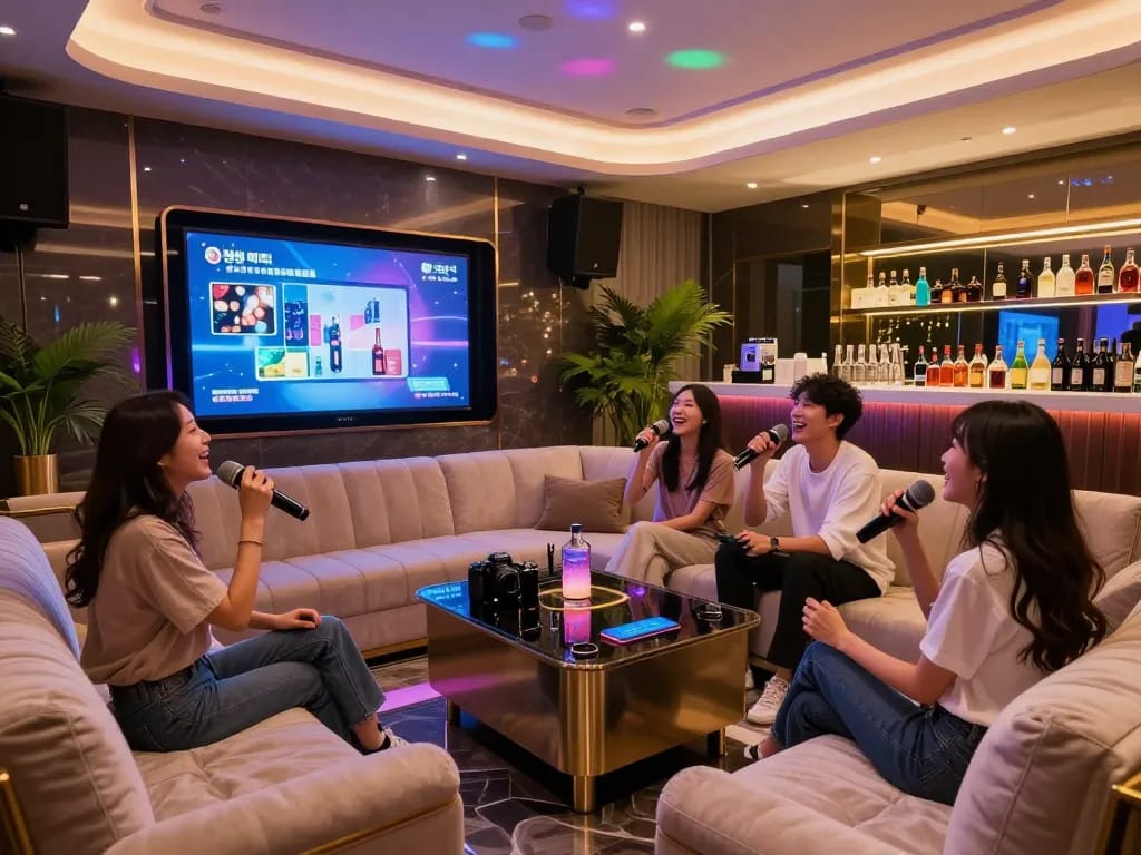화려한 좌석과 LED 조명이 있는 강남퍼펙트 노래방에서 활기찬 밤을 경험하세요.