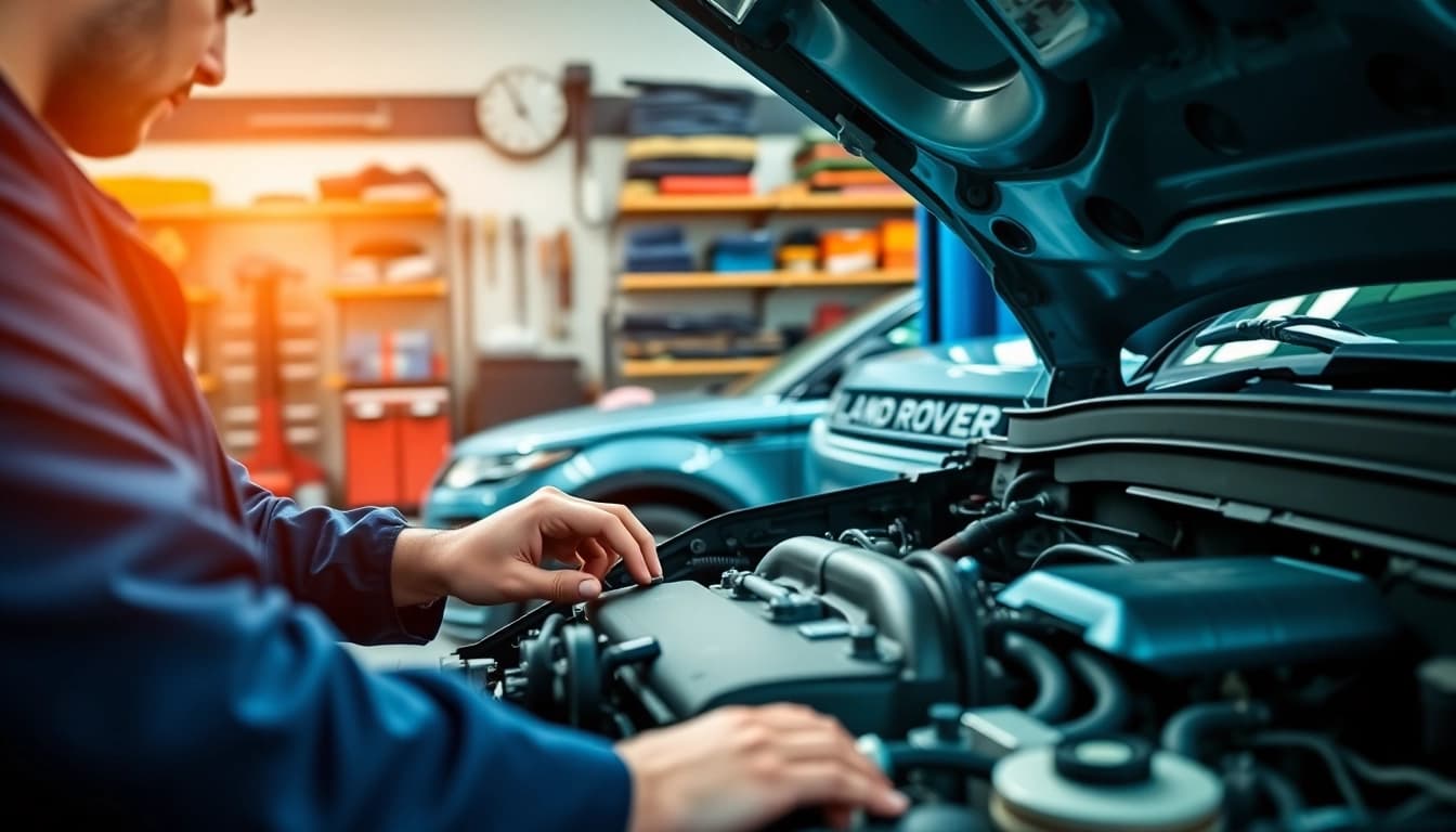 Mechanic providing professional Land Rover Service in a modern garage setting.