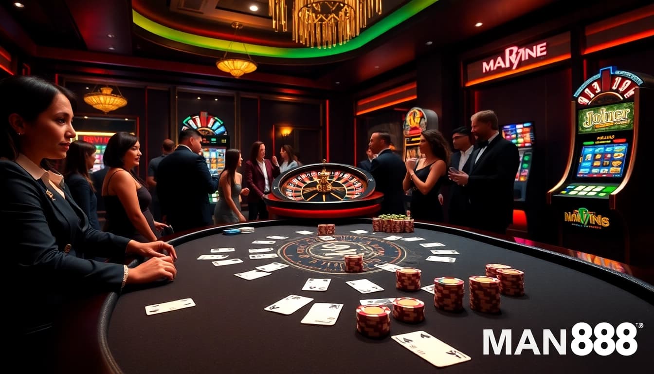 Engaging casino scene showcasing Man88 with poker chips and vibrant slots for gamblers.