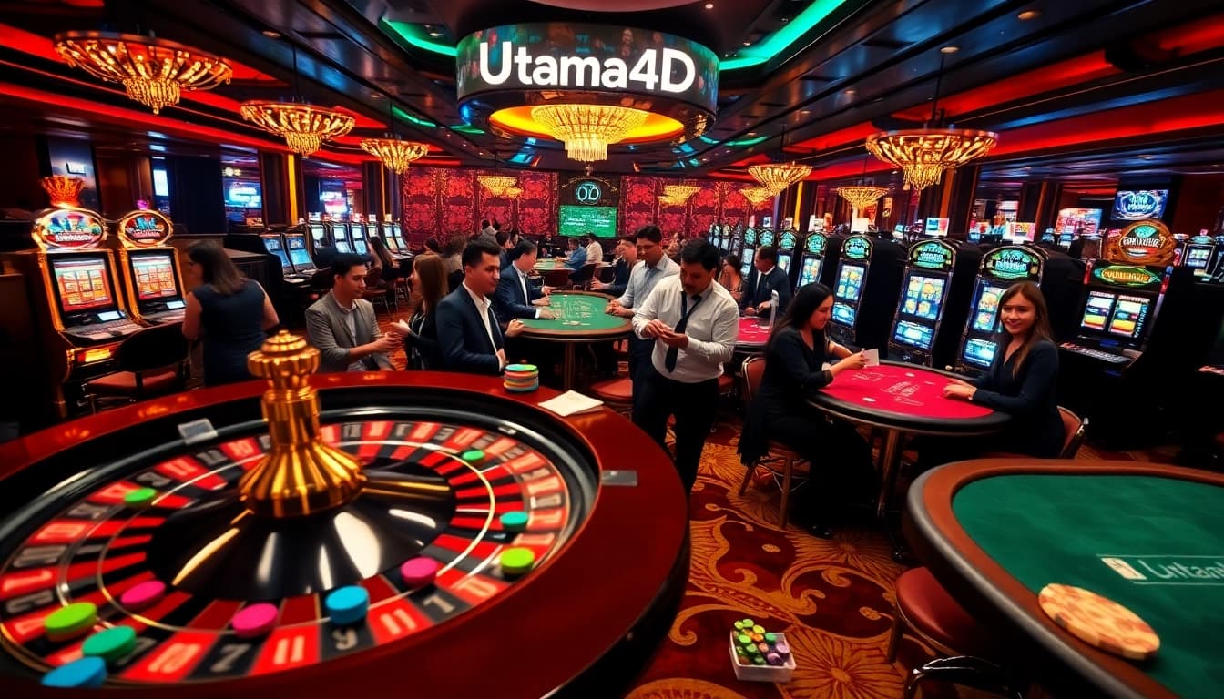 Adegan kasino yang menarik dengan pemain yang menguji keberuntungan mereka pada permainan Utama4D dan meja roulette.