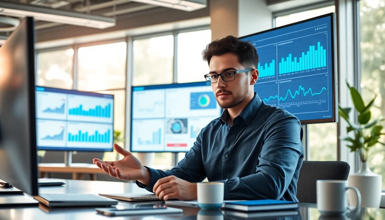 Analyze AI for competitor analysis featuring a focused business analyst in a modern office.