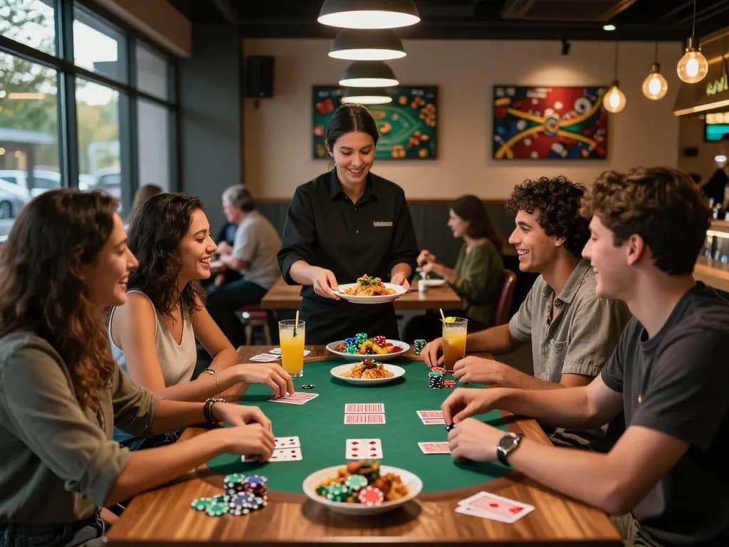 Dining at Pokerseri with friends enjoying poker-themed dishes in a lively atmosphere