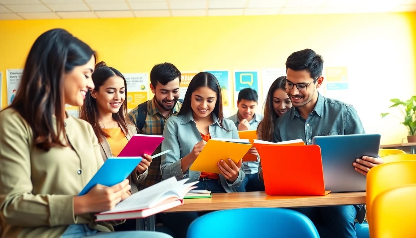 Students collaborating for efficient exam help in a bright, modern classroom environment.