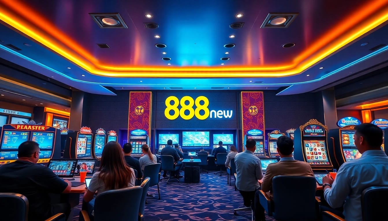 Experience the exciting atmosphere of 888new online gaming casino, featuring vibrant colors and engaging players.