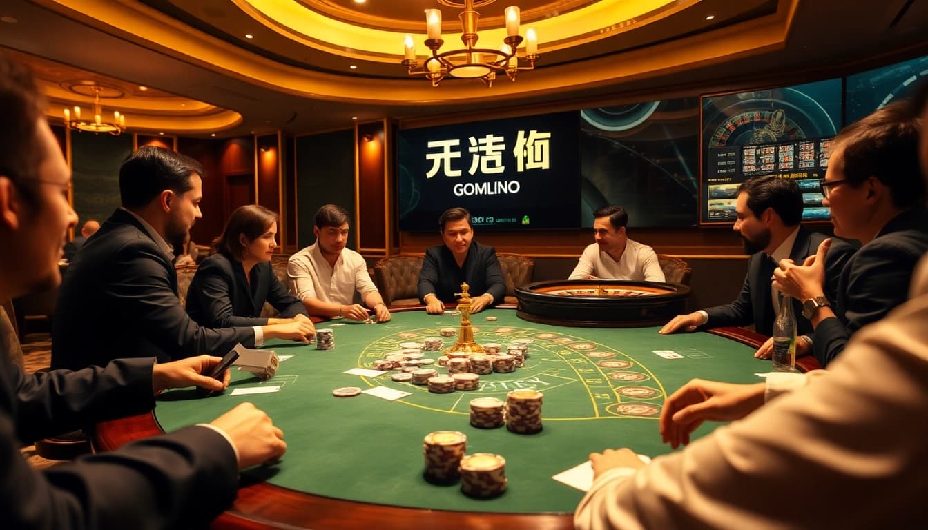 Experience thrilling gameplay with 주소모음 at a luxurious casino poker table filled with excitement and professional gamblers.