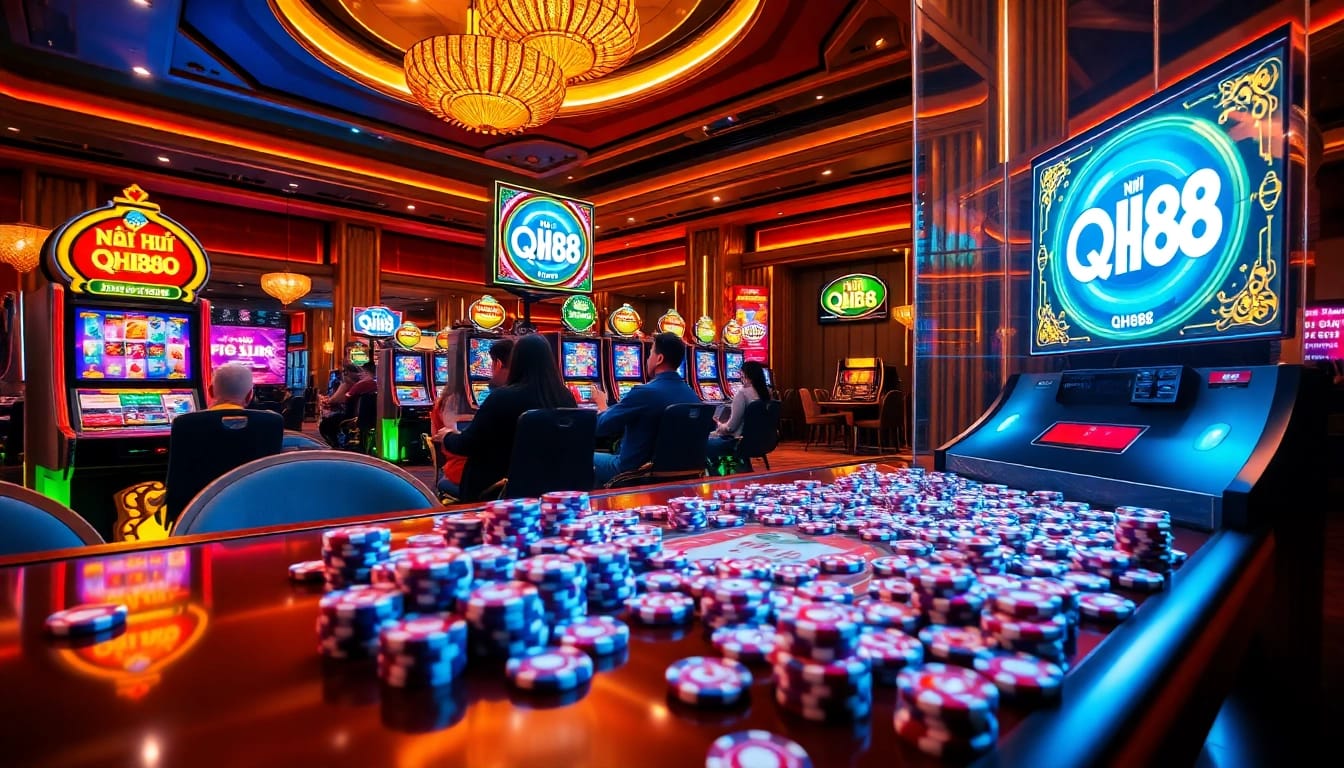 Nổ Hũ QH88 slot machines in an exciting online casino scene with vibrant colors and dynamic gaming experience