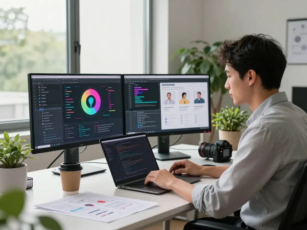 Innovative workspace for sex AI technology development with coding and design elements.