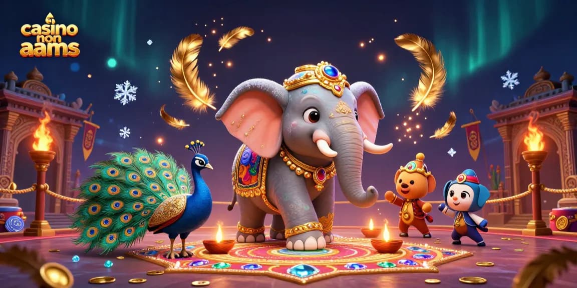 Crea emozione nei casino non AAMS con un elefante e un pavone in un'illustrazione colorata.