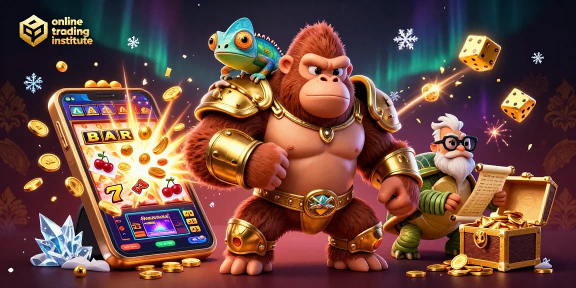 Engage at the online trading institute with a vibrant, action-packed casino scene featuring animated characters and elements.