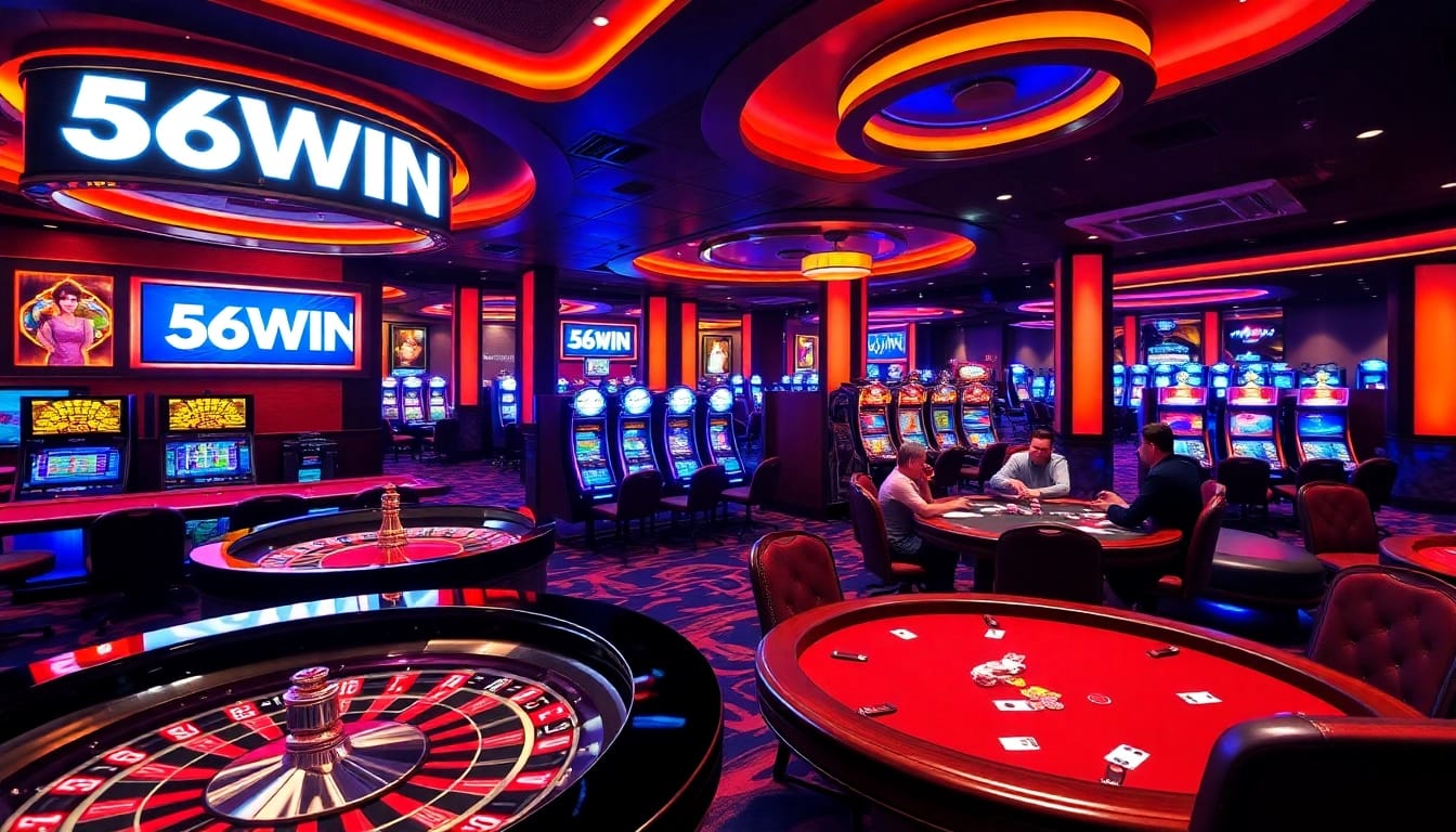 Playing poker at 56WIN casino with chips and cards on the table.