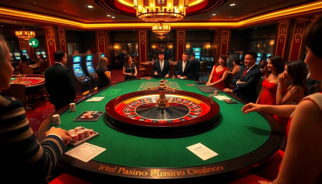 Joueurs de casino en ligne s'engageant à une table de roulette luxueuse avec des jetons de poker et des machines à sous.
