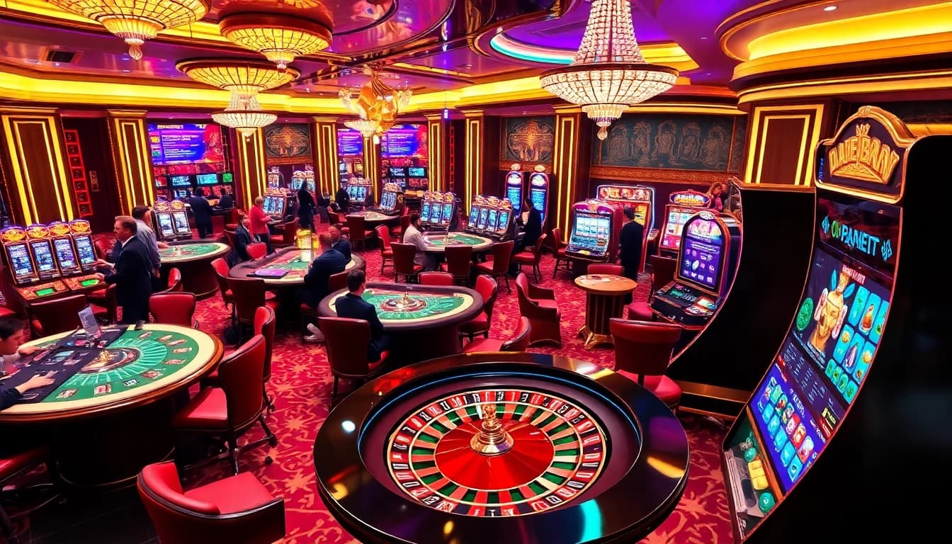 High-energy casino atmosphere showcasing ee88 ee 88 with players at tables and slot machines.