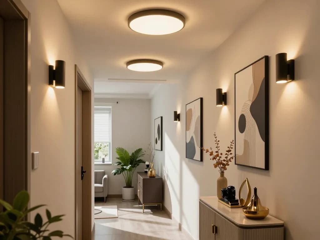 Stylish hallway light fixtures illuminating a modern corridor, enhancing decor.
