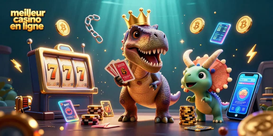 Profitez de l'excitation du meilleur casino en ligne avec ce T-Rex ludique, assistant Ptérodactyle et Tricératops empilant des jetons d'or.