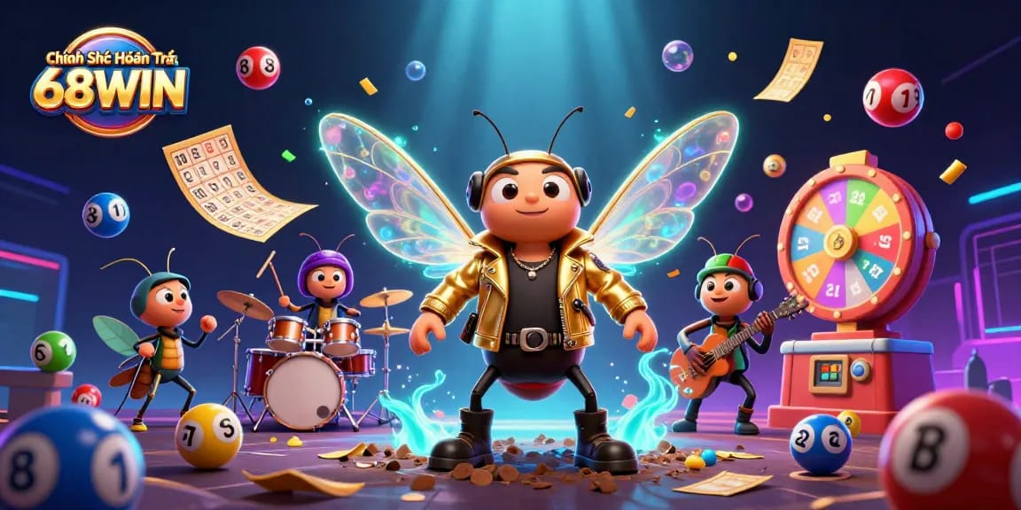 Experience the excitement of Chính Sách Hoàn Trả 68WIN with vibrant lottery elements and engaging characters.