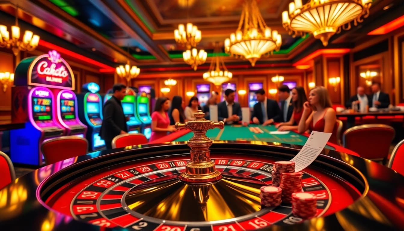 Exciting gambling atmosphere at https://f8bet.ventures/ featuring roulette, slot machines, and engaged players.