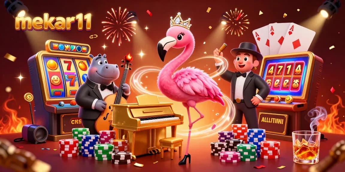 Mekar11 slots show a flamingo singer and hippo bassist in a vibrant casino with jackpot excitement.