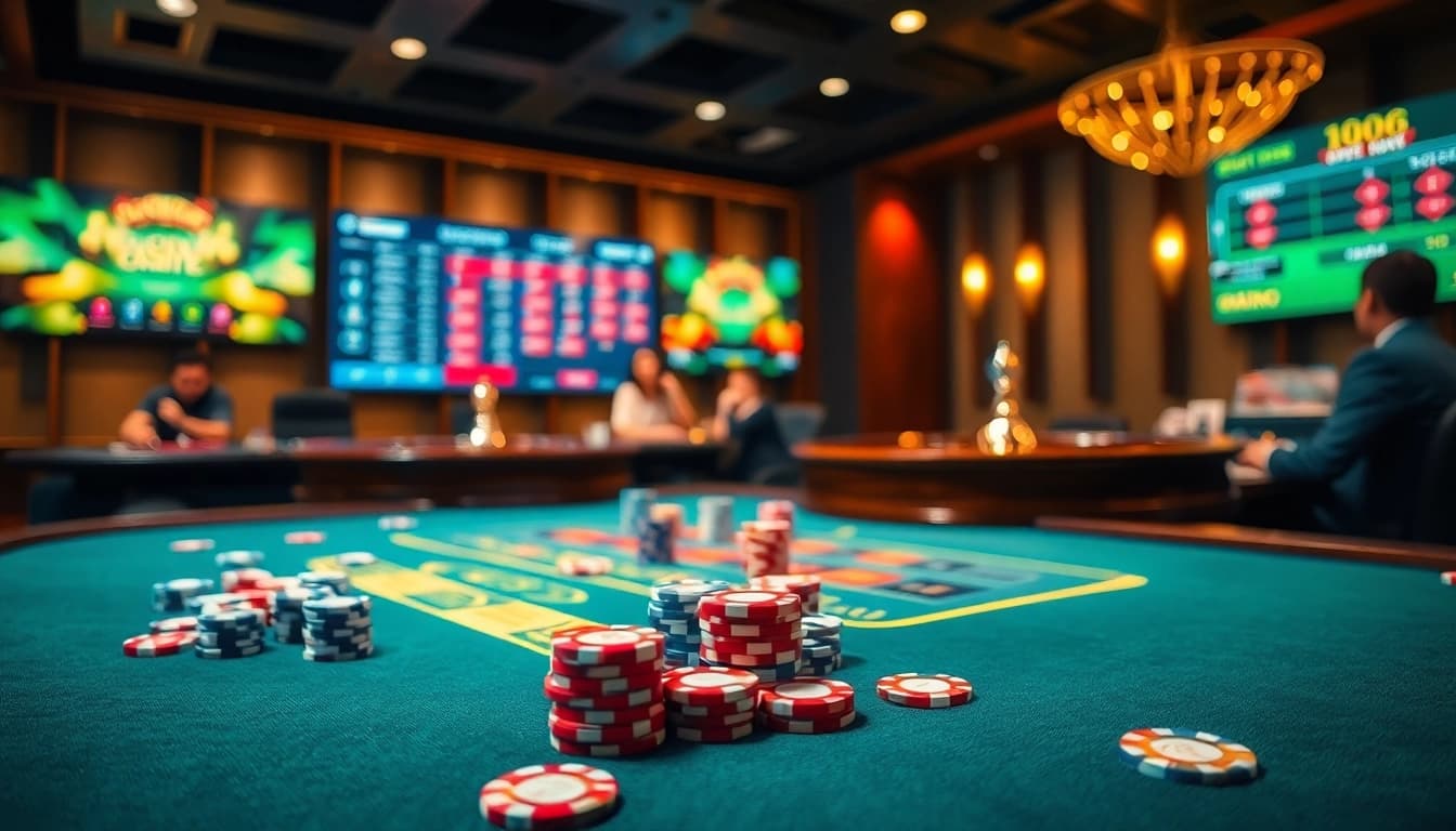 Engage in thrilling gameplay at nhà cái lc88, showcasing vibrant poker chips and an exciting roulette wheel.