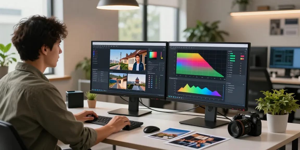 AI image detector interface on dual monitors in a modern workspace