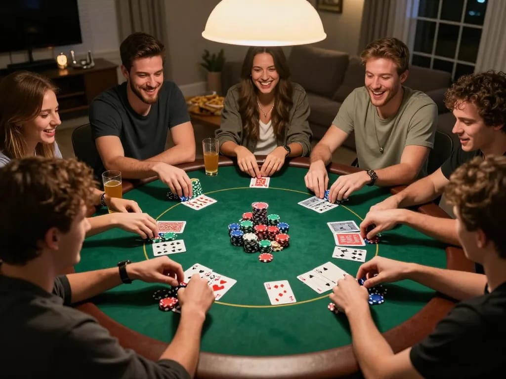 Friends enjoying a poker night playing open88 games with vibrant chips and competitive spirit.