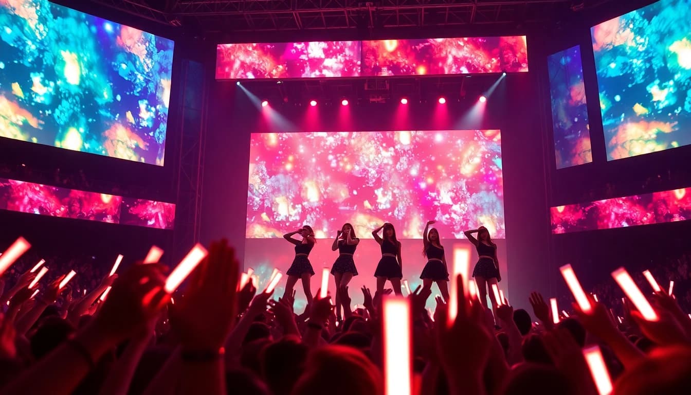 Catch the latest Blackpink news with an electrifying concert scene showcasing their global impact.