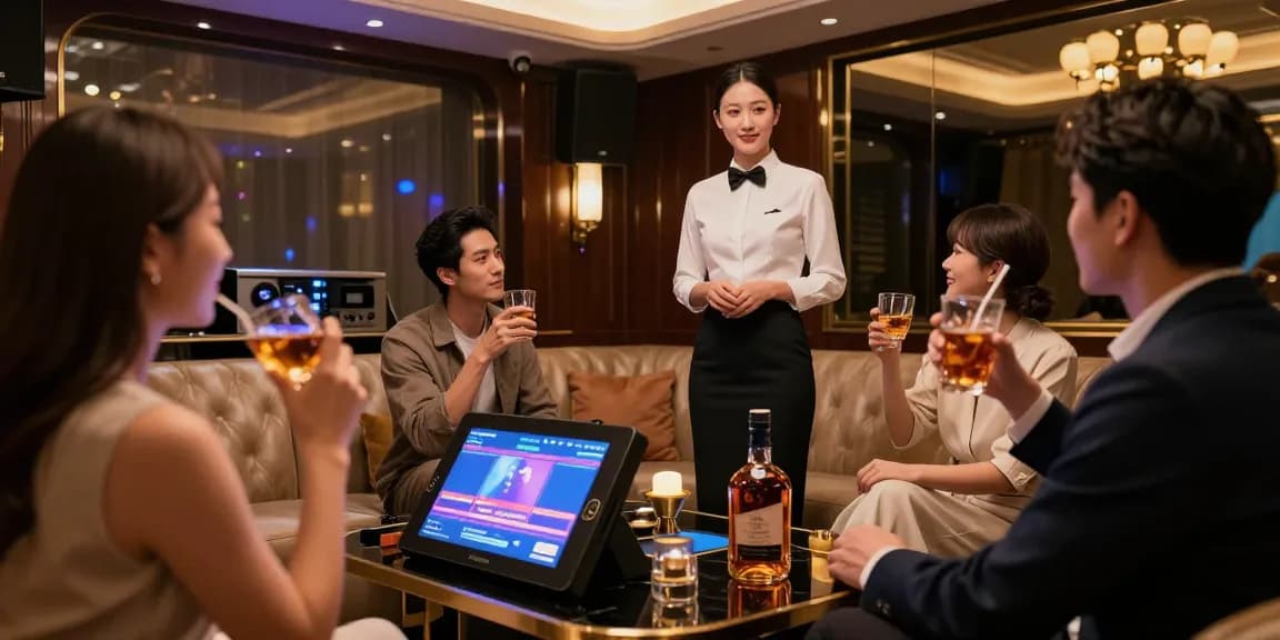강남쩜오 프리미엄 노래방에서 호스트와 손님이 소통하는 모습과 고급스러운 분위기입니다.
