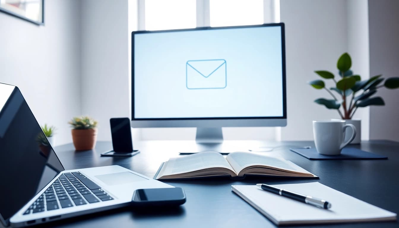 Manage your 谷歌邮箱 emails effectively in a modern workspace with a laptop and smartphone.