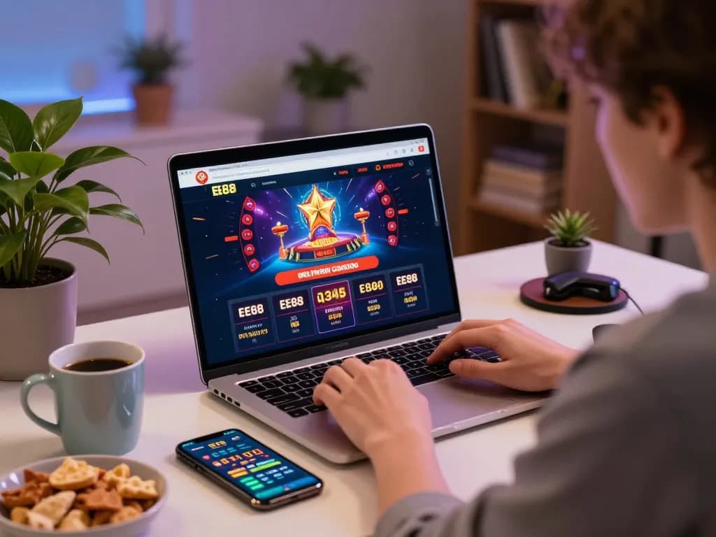 Player engaging with EE88 casino platform on laptop while enjoying snacks at home.