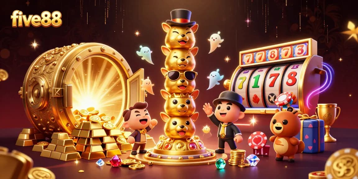 Enjoy thrilling wins at five88 with an exciting 3D illustration of a golden totem and casino treasures.