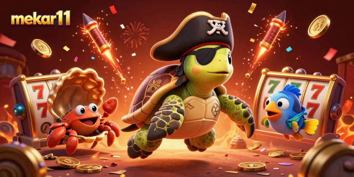 Mekar11 enhances gaming excitement with a pirate turtle and treasure in a vibrant casino scene.