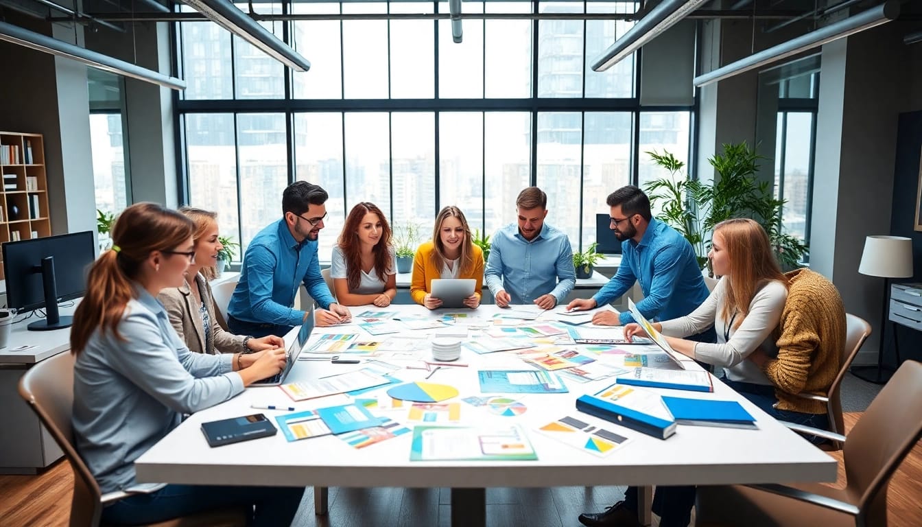 Direct mailing company team collaborating on innovative campaigns in a bright office.