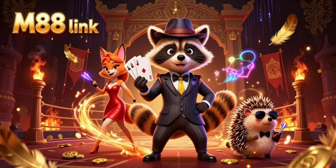 Bet on exciting outcomes with M88 link showing a raccoon, fox, and hedgehog in a vibrant casino