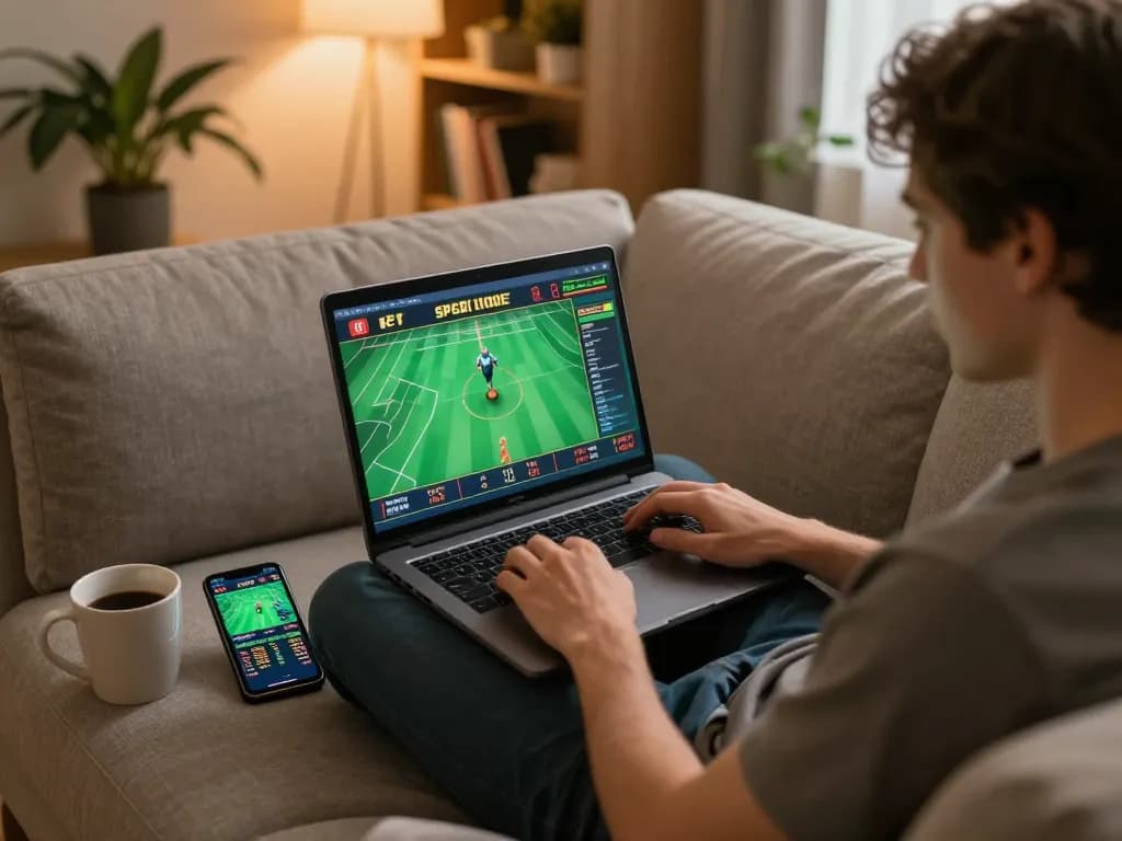 Person engaged in online sports betting at https://www.mnm88.com/ from the comfort of their home.